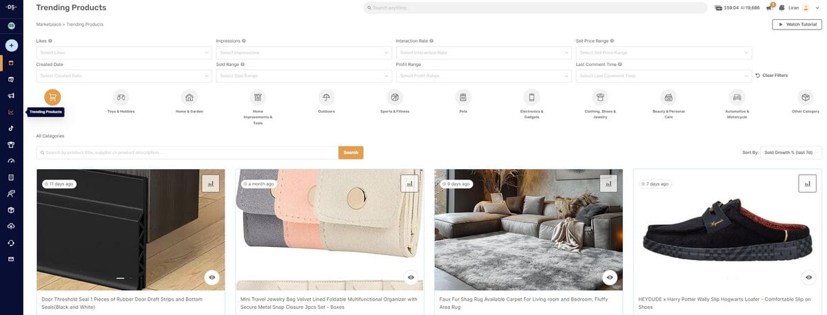 AutoDS Trending Product Sections for AI Market Research