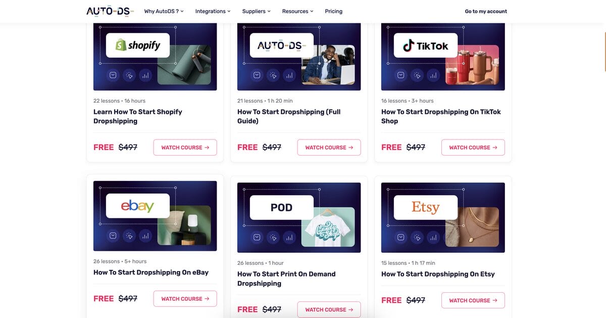 AutoDS's course page, among the best dropshipping courses