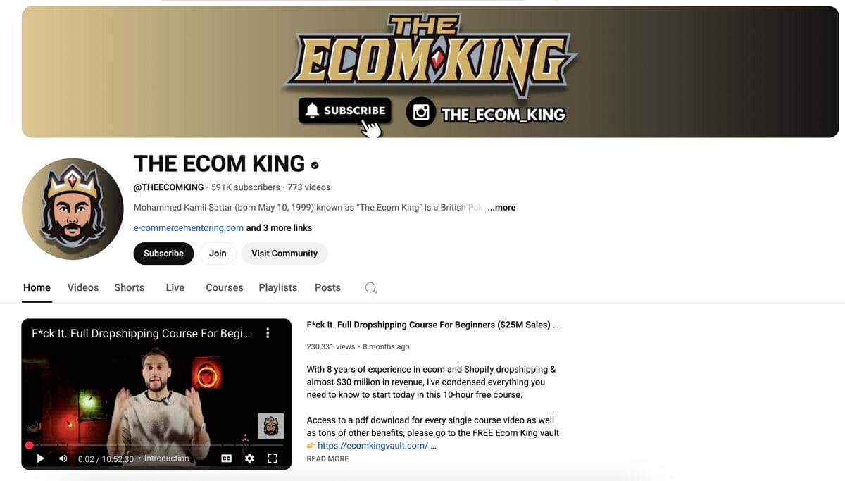 The Ecom King's Free dropshipping course, one of the best dropshipping courses