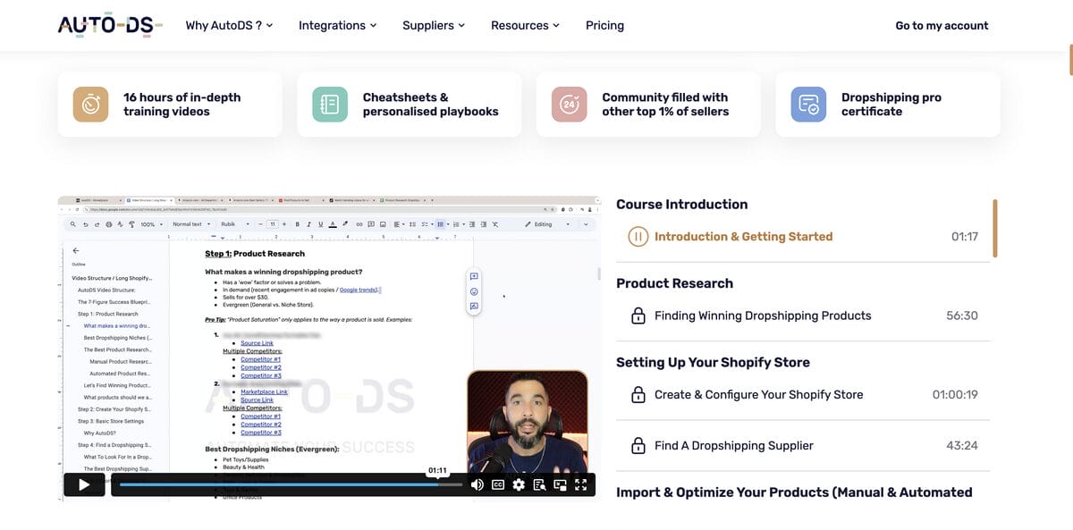 AutoDS's Shopify Course, one of the best dropshipping courses