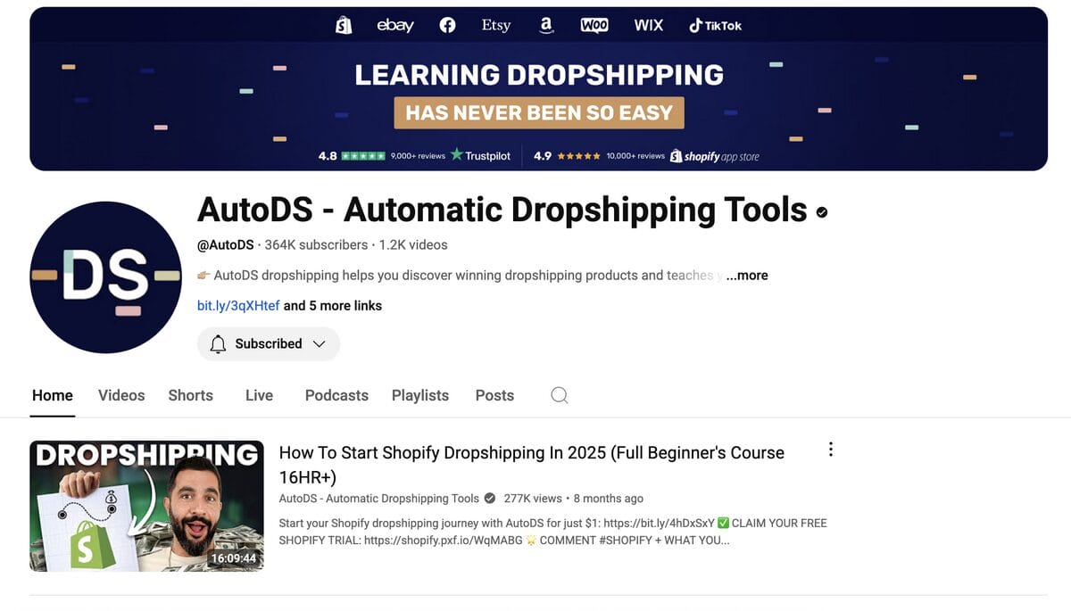 AutoDS's YouTube Channel, one of the best dropshipping courses for free