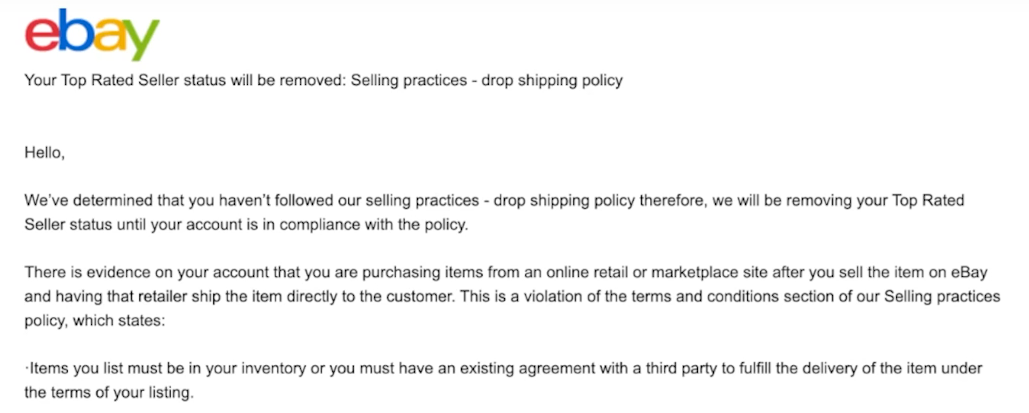 eBay account suspension for breaking dropshipping policy