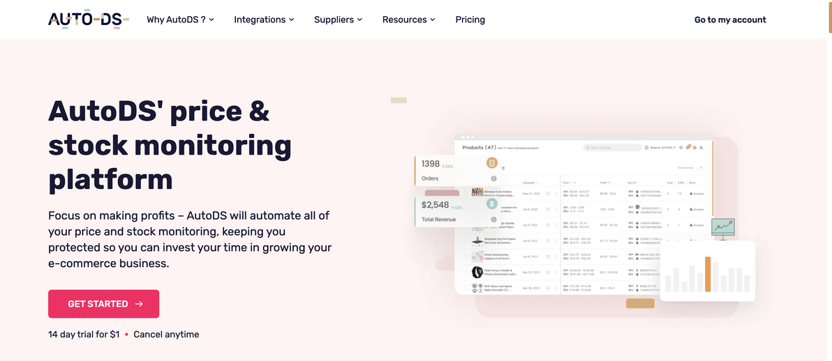 AutoDS's price and stock monitoring feature for dropshipping
