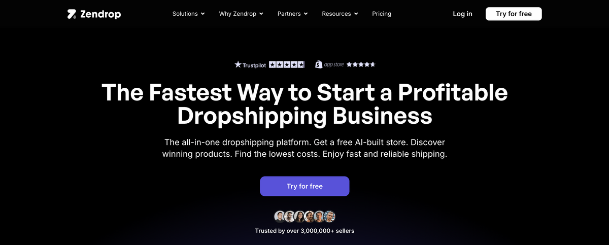 Zendrop's homepage for dropshipping