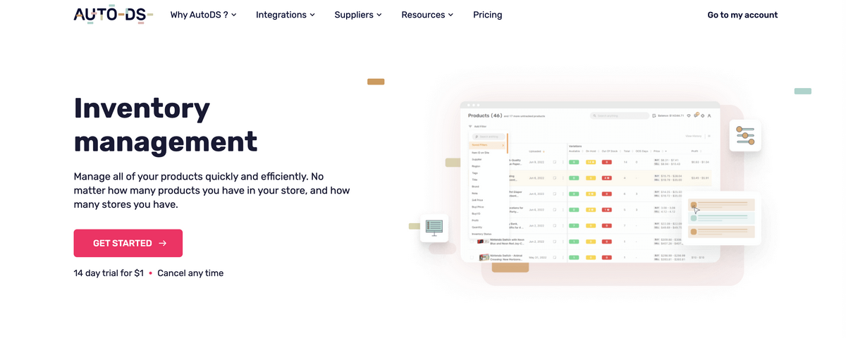 AutoDS Inventory management page for dropshipping