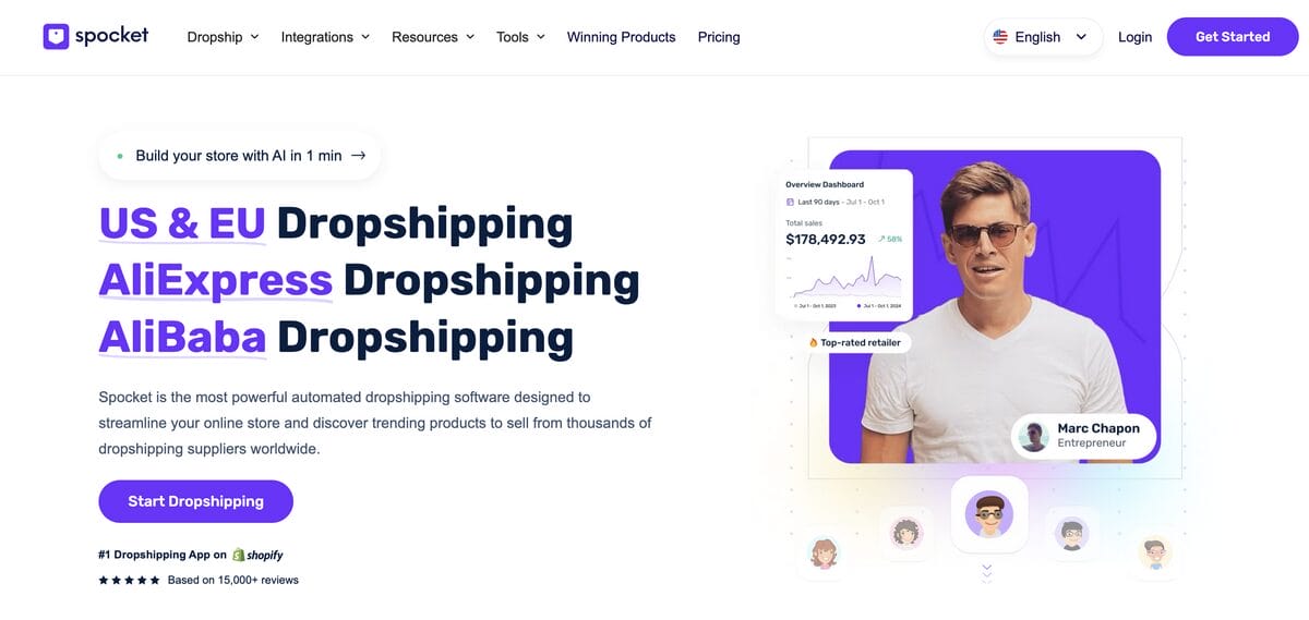 Spocket's homepage for dropshipping inventory management