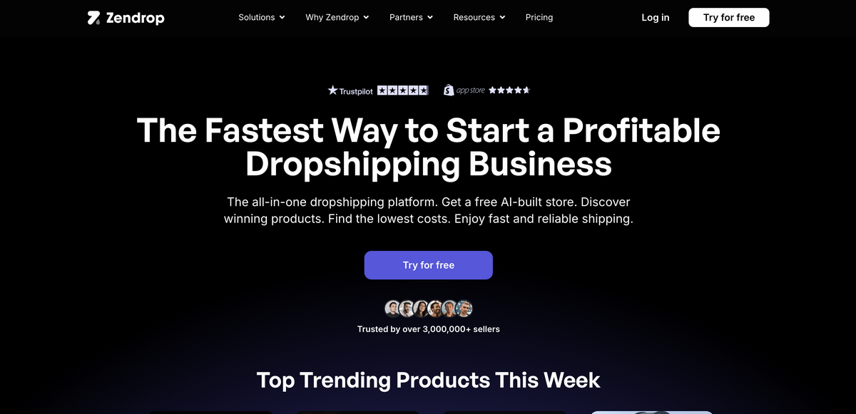 Zendrop's homepage for dropshipping inventory management