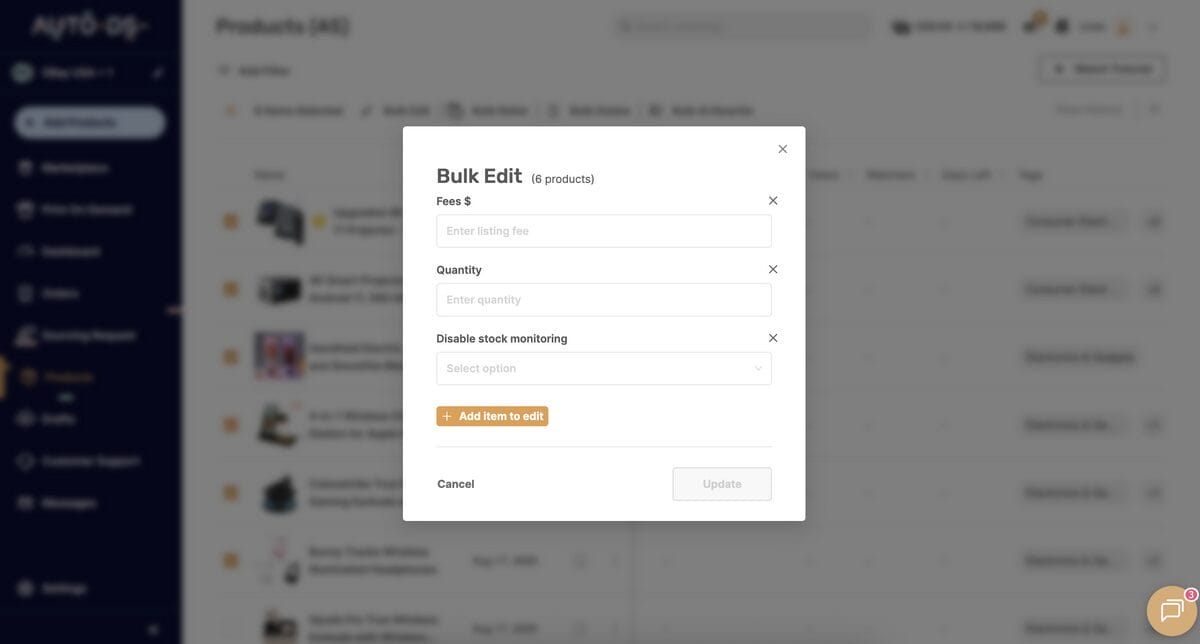 AutoDS's inventory management bulk editor