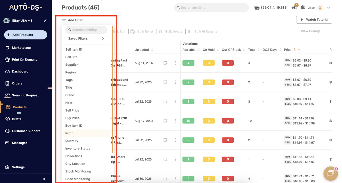 AutoDS's smart filters for inventory management