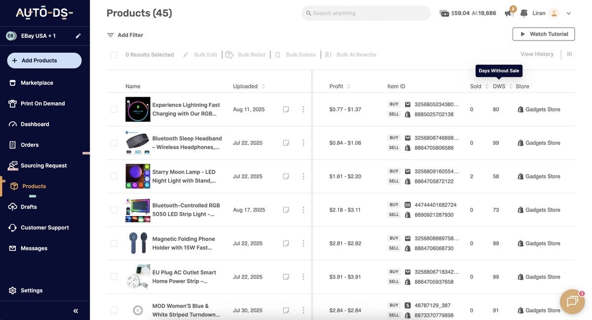AutoDS's inventory management for tracking product performance