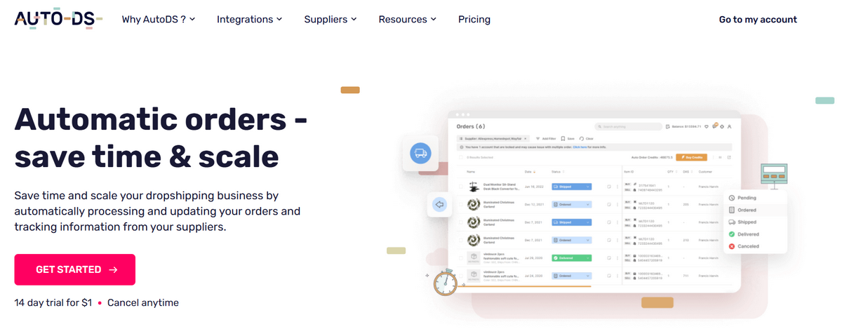 AutoDS order automation feature for Shipping Speeds and reliability