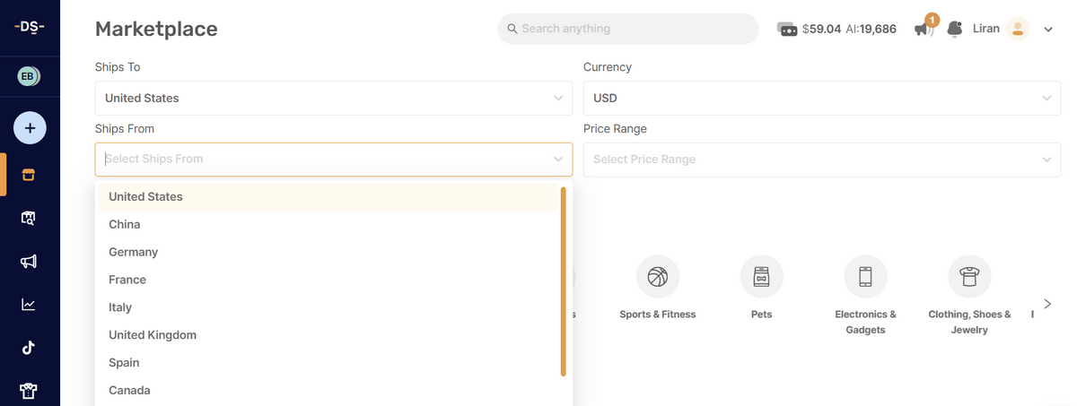 AutoDS ships from filters to find out shipping speeds and reliability