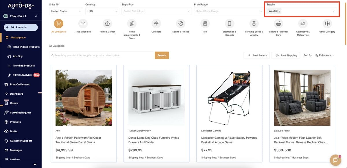 AutoDS's marketplace for Wayfair dropshipping