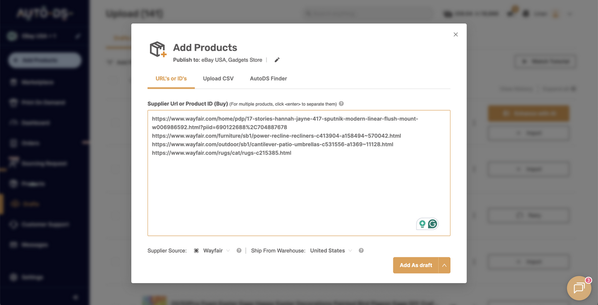 AutoDS's bulk importer for Wayfair dropshipping