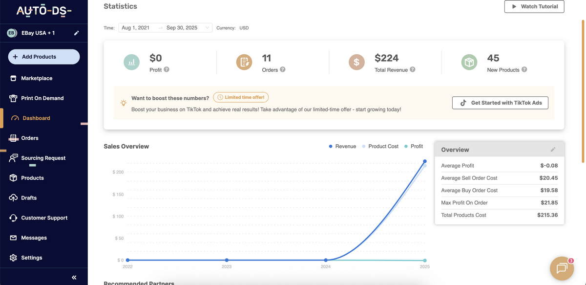 AutoDS's performance dashboard for Wayfair dropshipping