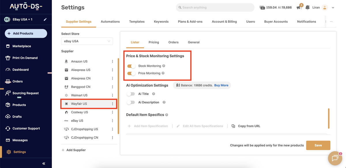 AutoDS's price and stock monitoring for Wayfair dropshipping