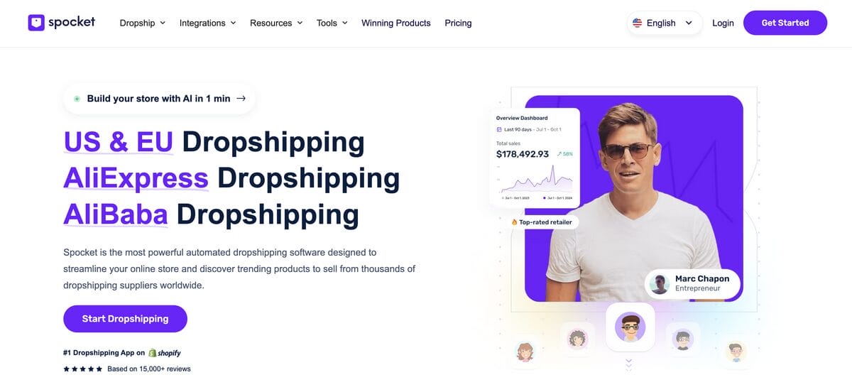 Spocket's homepage for ad spy tools