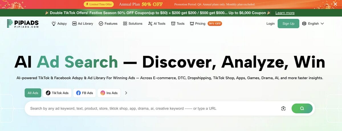PipiAds' homepage for ads spy tools