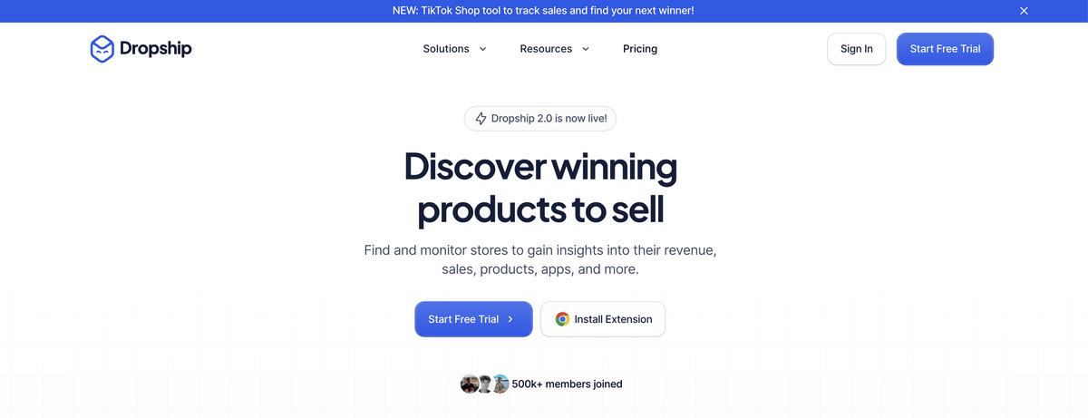 Dropship.io's homepage for ad spy tools