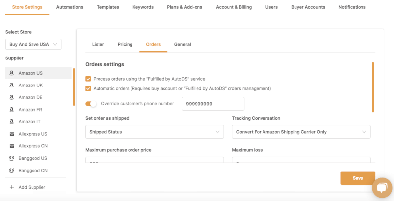 AutoDS Orders Tab for Tracking Emails number updates