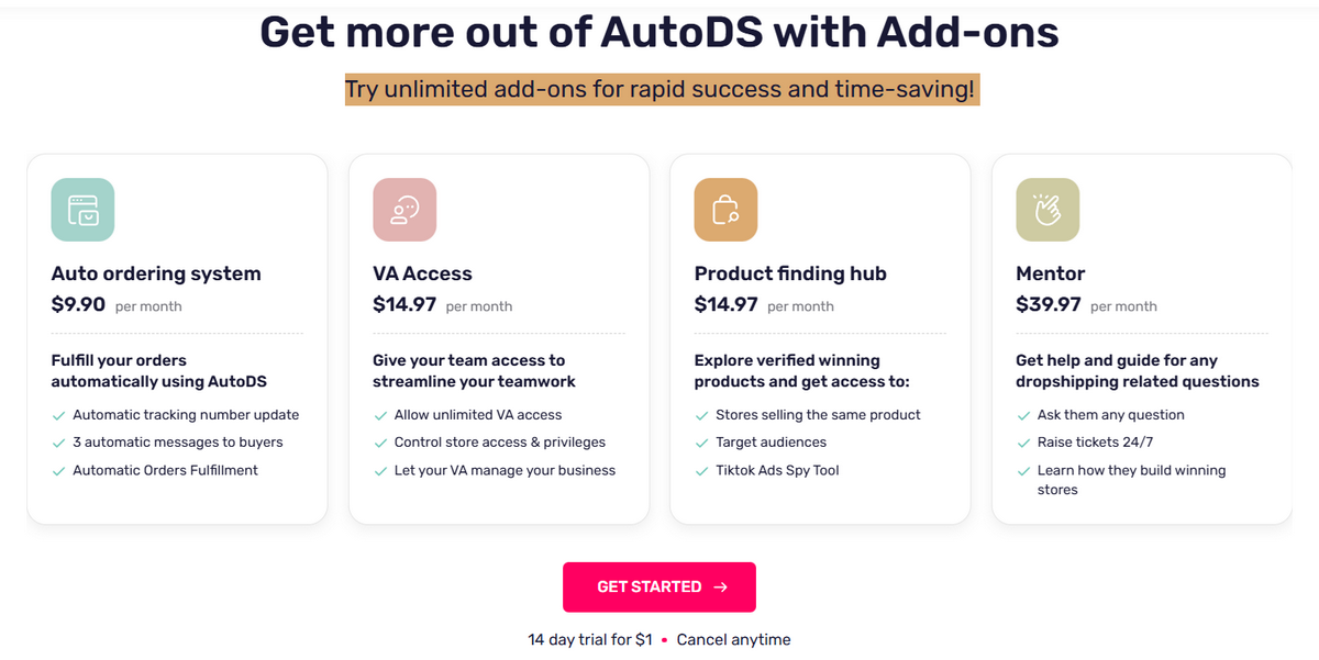 Subscription costs for AutoDS add ons for dropshipping