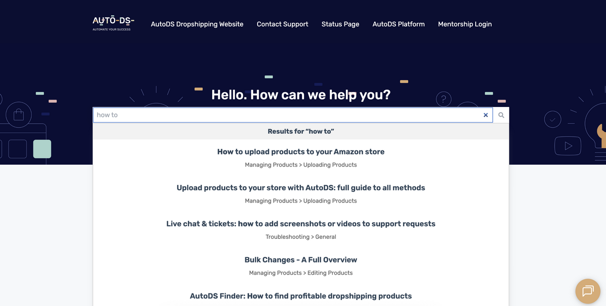 AutoDS's knowledge base for customer support and ease of use