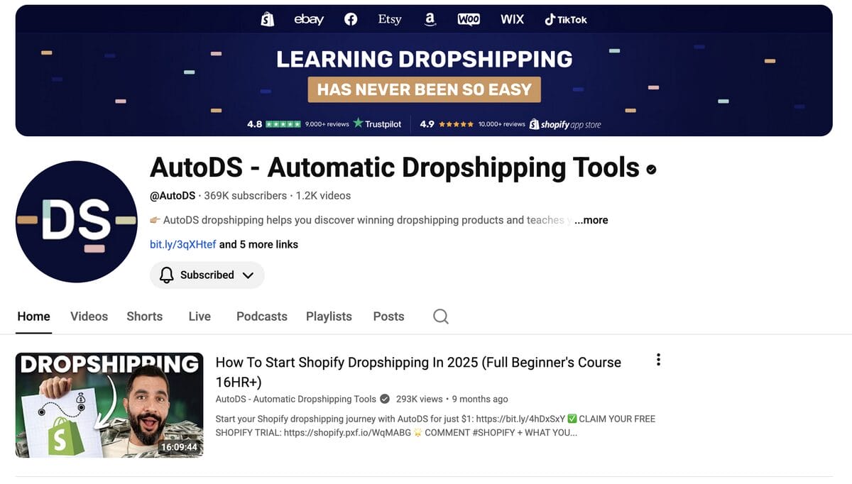 AutoDS's YouTube Channel for dropshipping educational videos