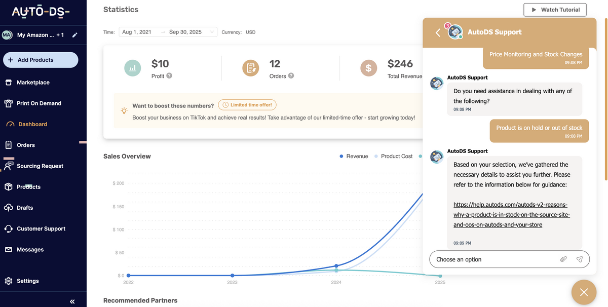 AutoDS's in-app knowledge assistant for customer support and ease of use