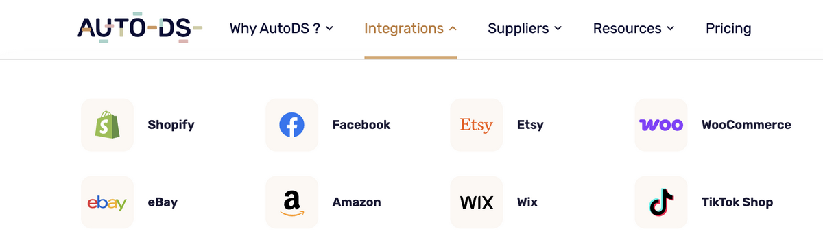 AutoDS's integrations for dropshipping