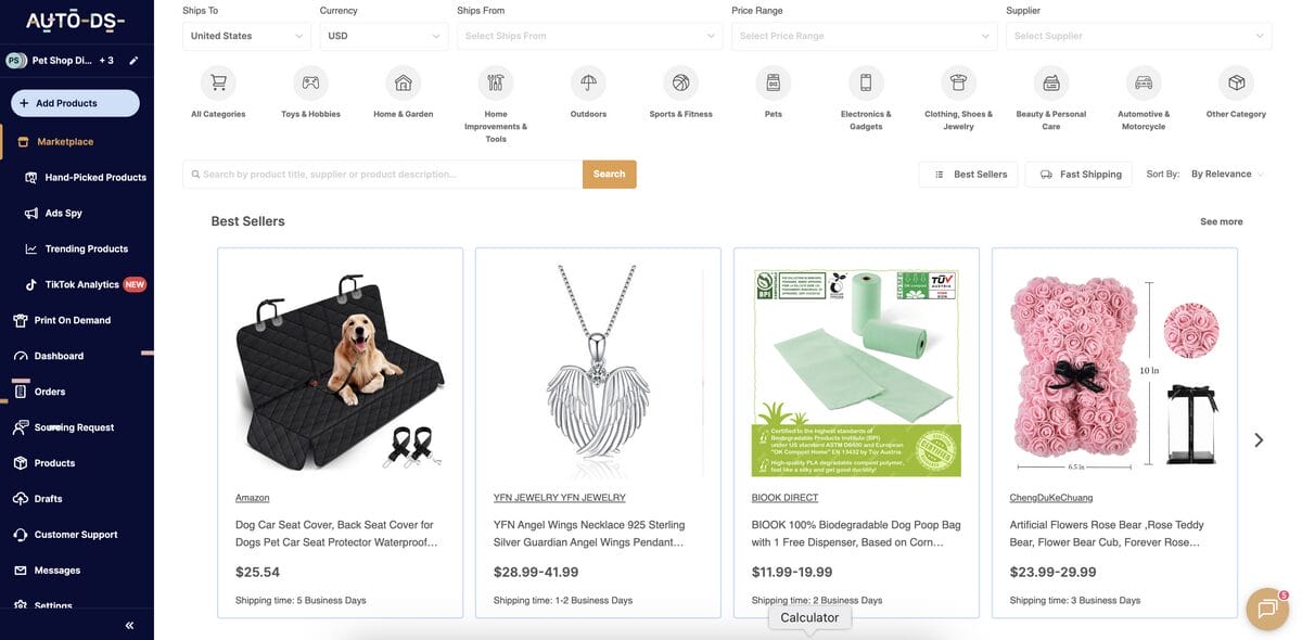 AutoDS's marketplace for dropshipping product sourcing