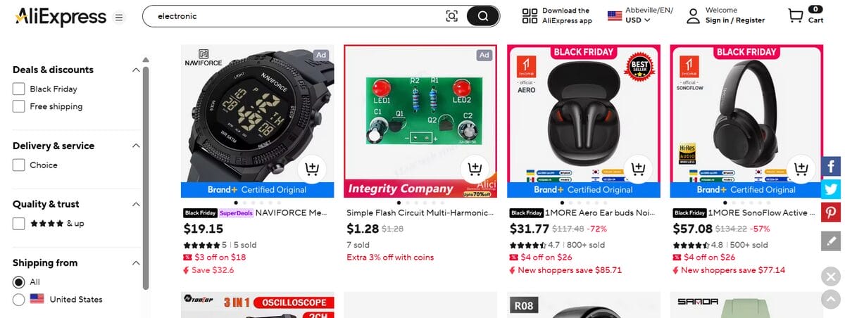 Shopify niche dropshipping electronics on AliExpress