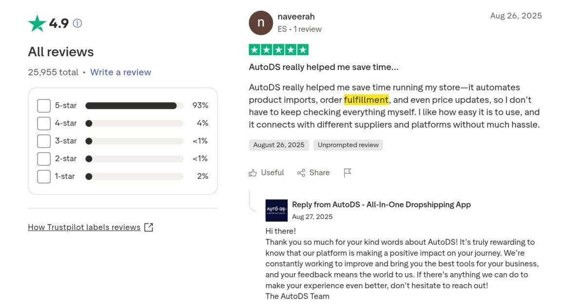 AutoDS real fulfillment review on trustpilot