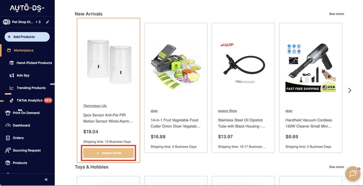 AutoDS's one-click importing tool for easy and quick setup