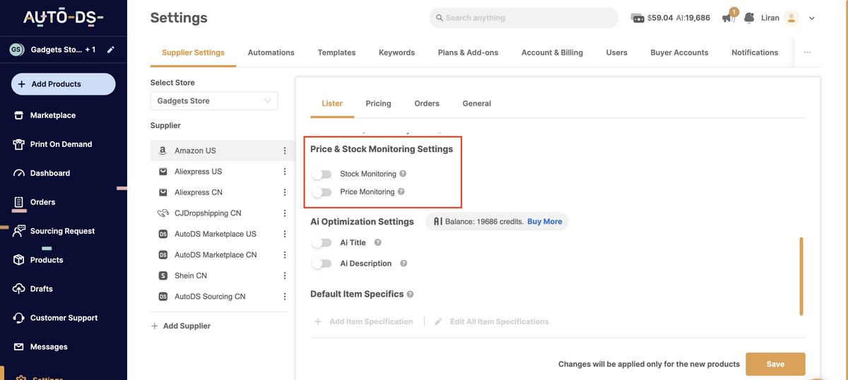 AutoDS's price and stock monitoring tool for easy and quick setup