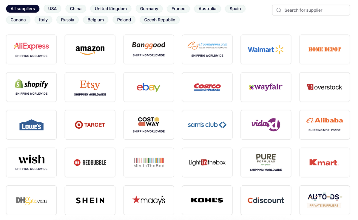 AutoDS's supported suppliers for easy and quick setup