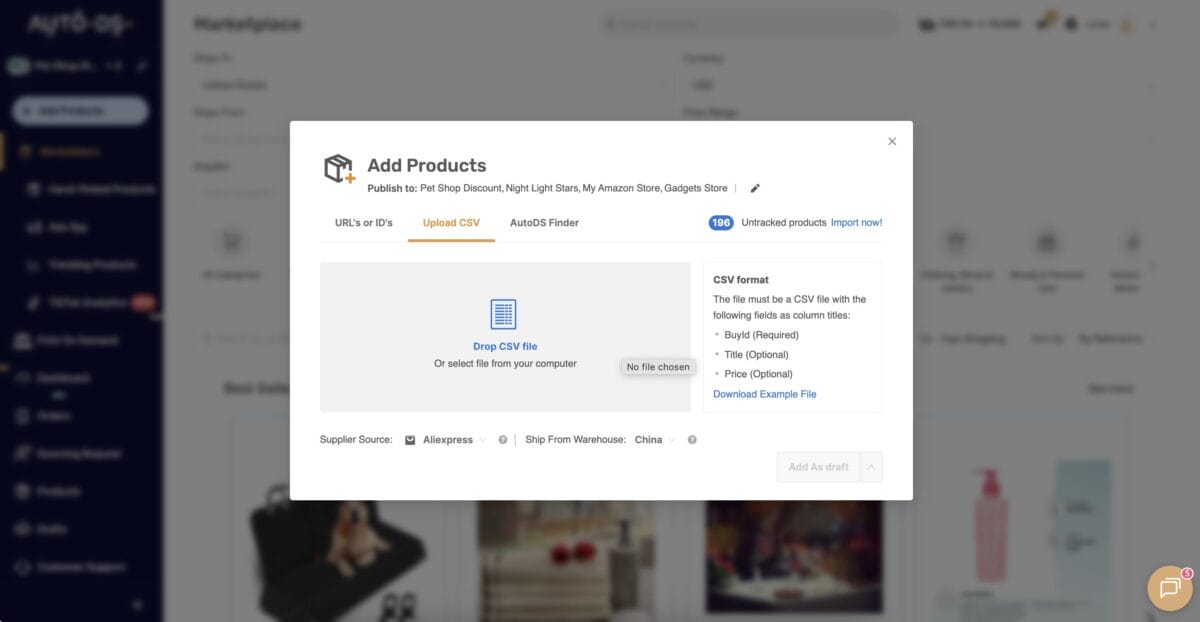 AutoDS's CSV file importing method, the all-in-one dropshipping platform that top Shopify dropshippers choose over free alternatives