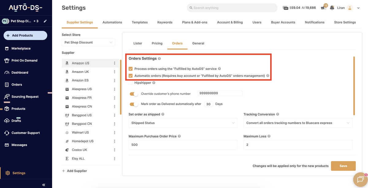AutoDS's automatic orders for better fulfillment speed and reliability