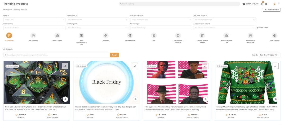AutoDS Trending products section for Product Research on Amazon