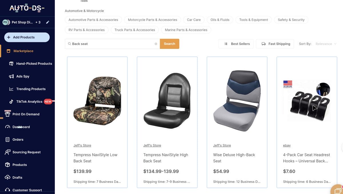 AutoDS marketplace automotive items for amazon dropshipping