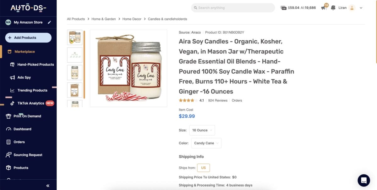 Start dropship selling soy candles from AutoDS's marketplace