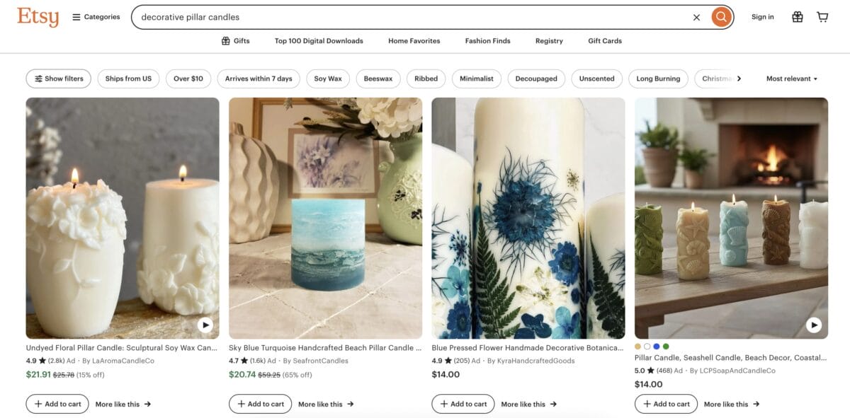 Start dropship selling pillar candles from Etsy