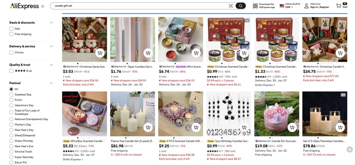 Start dropship selling candle sets from AliExpress