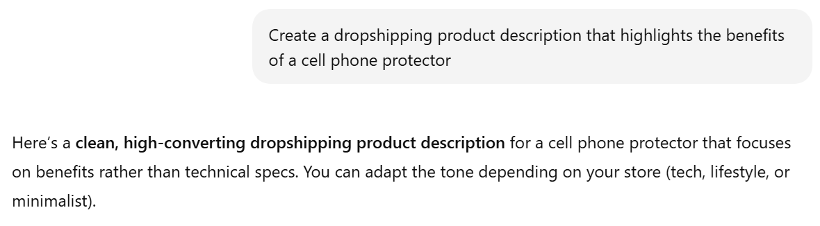 ChatGPT product description prompts for dropshipping stores