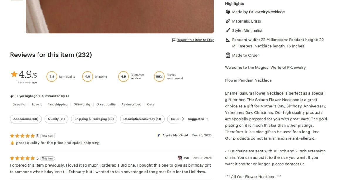 Etsy product description and reviews for jewelry dropshipping