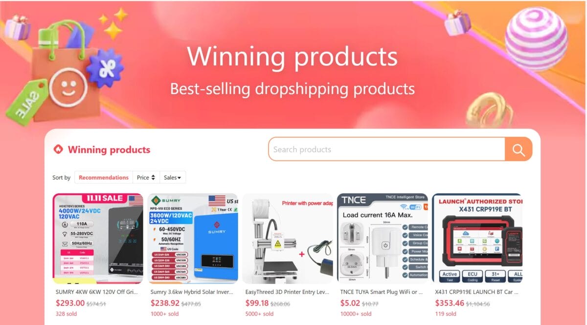 AliExpress Dropshipping Center Winning Products Page