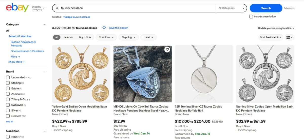 zodiac sign necklaces and jewelry for dropshipping from ebay