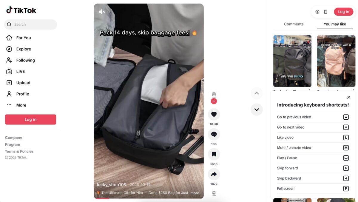 TikTok ad of a travel backpack, among the top 10 products to dropship in February 2026