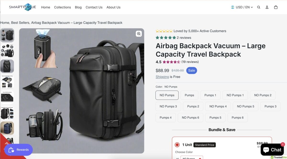 Seller listing of a travel backpack, among the top 10 products to dropship in February 2026