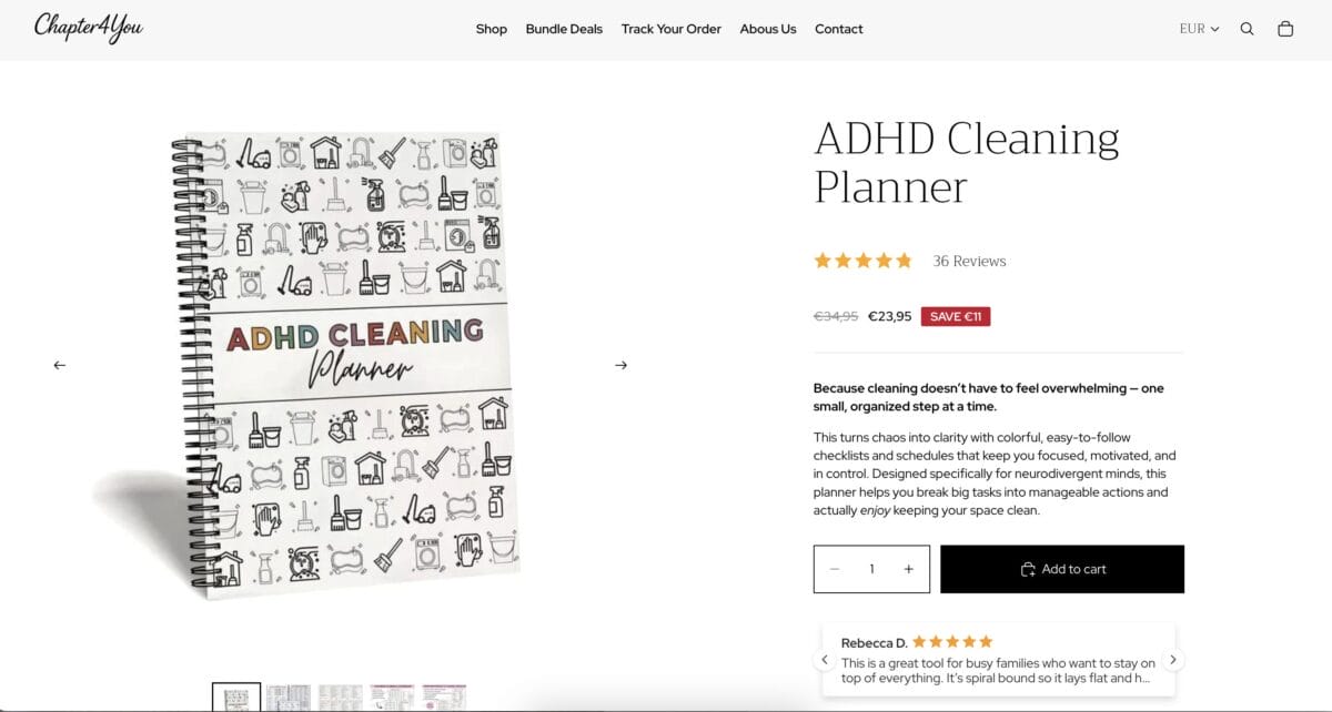 Seller listing of an ADHD Cleaning Planner Bundle, among the top 10 products to dropship in February 2026