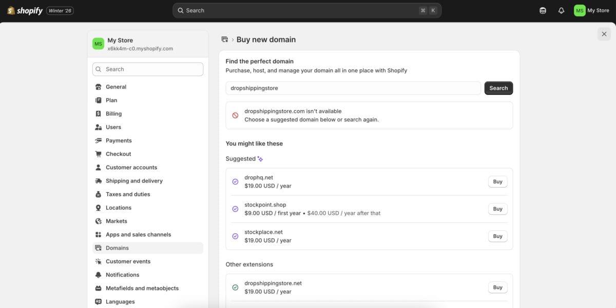 Setting up a domain name to sell on Shopify